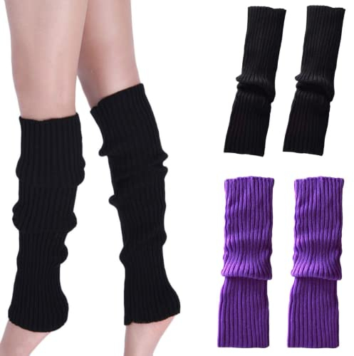 CHENGZI 2 Paar Beinstulpen, gerippte Strick-Beinwärmer, Custume Party, Sport, Yoga, Beinstulpen für Frauen und Mädchen, BK + PP, One size