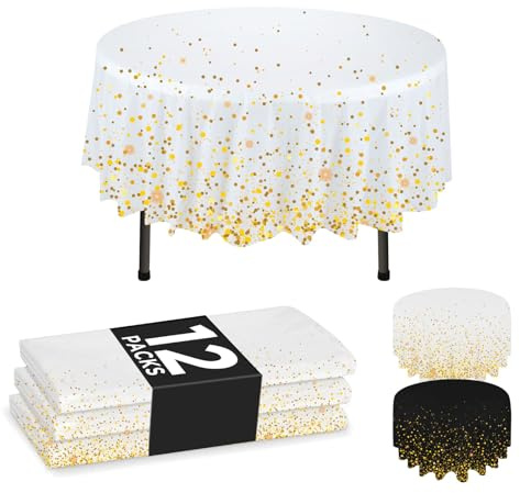 NORZEE Einweg-Kunststoff-Tischdecken, 213,4 cm, runde Tischdecke, Goldfarbene Konfetti-Tischdecke, 12 Stück, Weiß (12, Weißgold)