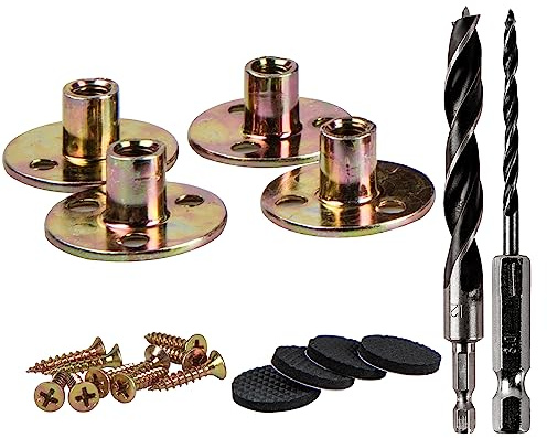 La Vane Leg Mounting Plates Kit, Furniture Attachment Hardware Fittings, Repair/Replacement Parts - 4X M8 Round Screw-in T-Nuts, 2X Drills Bits (12mm / 3mm), 12x Screws, 4X Floor Protectors