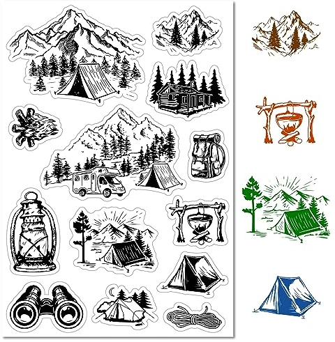craspire Mountain Camping Clear Rubber Stamp Vintage Forest Tent Retro Transparent Silicone Seals Stamp for Journaling Card Making DIY Scrapbooking Handmade Photo Album Notebook Decor 6.3 x 4.3inch