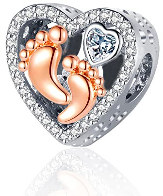 Amuefer Cuore Impronta di Zampa Rosa Charm Compatibili Bracciale Collana, Argento Sterling Ciondolo Compleanno Natale Gioielli Regali per le Donne Moglie Amici