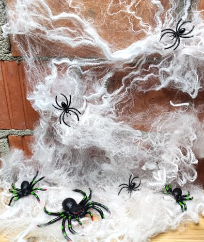 MC-Trend 7er Set Spinnennetz, 3 Schwarzlicht und 3 kleine Spinnen Halloween Horror Spinnenweben dehnbar gruselig DIY Deko Herbst Kinder Familie Grusel basteln Partyzubehör Spukhaus
