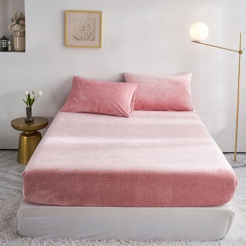 Luofanfei Drap Housse Polaire 180x200 Rose Bonnet 30 cm Hiver Toucher Cachemire Flanelle Drap de lit Microfibre Super Chaud pour Matelas Épais