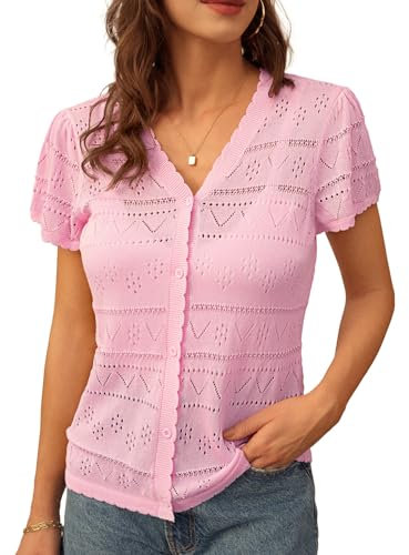GRACE KARIN Cardigans d'été en Tricot ajouré pour Femmes, Pulls à Manches Courtes de Couleur Unie, Cardigans Courts, Rose S