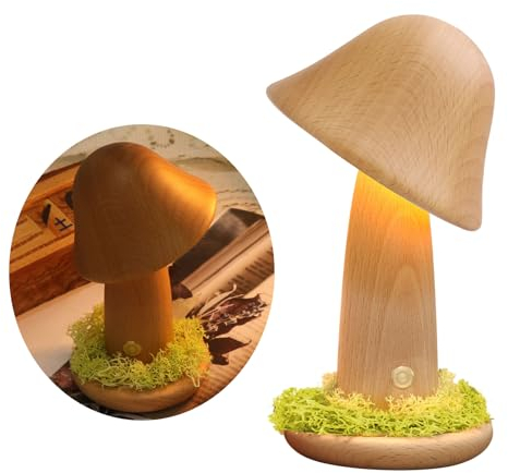 Luolety Tischlampe aus Holz, Pilz, 150° drehbarer Kopf, 3 Farben dimmbar, perfekt für Schlafzimmer, Wohnzimmer usw.