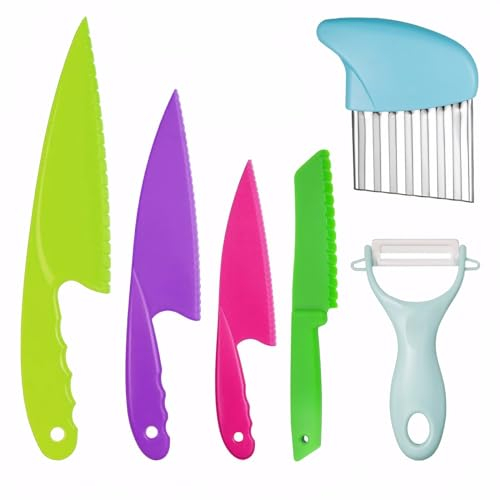 LINXINS 6PCS Mini Chef Knife Set for Kids, Toddler Knife for Chopping, Kids Cooking Safety Knife, Child Friendly Knives in 4Sizes, Plastic Cutting Board/Paring Knife for Vegetables Fruits Salad