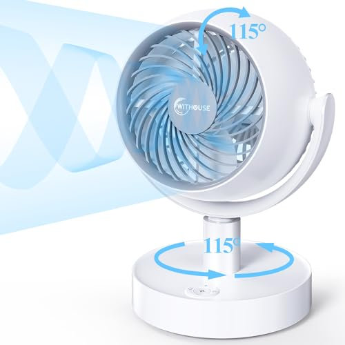 WITHOUSE Ventilador de sobremesa, Mini Circulador de Aire Oscilante Portátil, Ventilador Potente Recargables Pequeños con Potente Operación a Batería y 5 Velocidades para Dormitorio, Cocina, Hogar