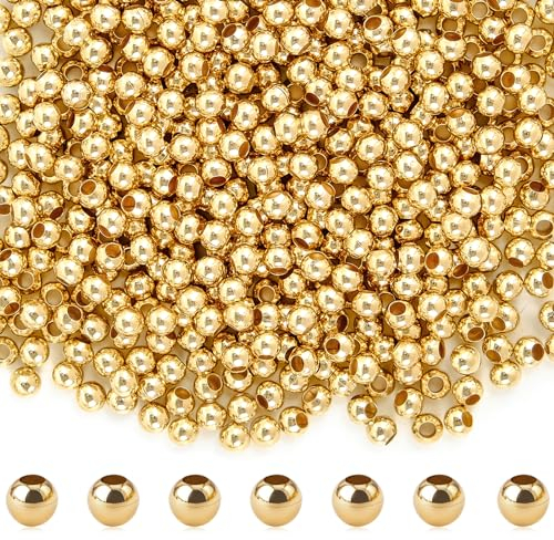 RUBY 3mm Perlen Gold, 600 Stück Goldene Perlen-18K Vergoldete Messingperlen, für DIY Bracelet Ohrringherstellung Making Kit, Partys, Feiertage