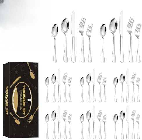 24/40/60-teiliges Set Edelstahl Besteck mit Muster, Besteck, Besteckmesser und Gabeln und Löffel für Hotel Western Steakmesser und Gabeln und Löffel/297 (Color : Silver 40piece set+8 servings)