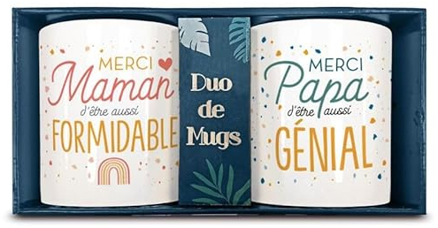 DECOHO - Coffret Duo Mugs Papa et Maman - Set de 2 mugs en céramique blanche - Imprimé en France - 33 cl, compatible micro-ondes et lave- - Blanc