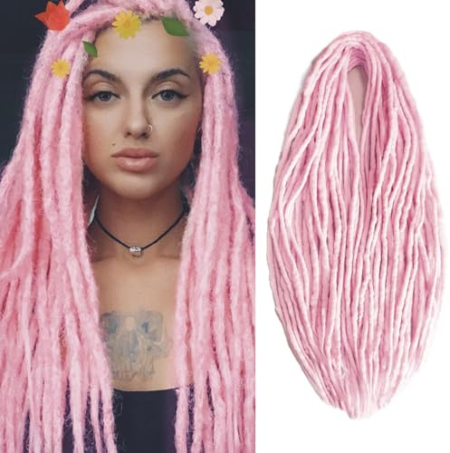 Wool Dreadlock Extensions 22 Inches Pink Double Ended Dreadlocks Extensions DE Ends 15 Strands Straight Hippie Reggae Style Dreads Extensions for Women