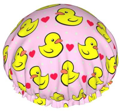 pink heart polka dots yellow rubber ducks Shower Cap Adjustable and Waterproof For Hair Protection