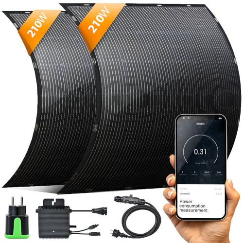 gridinlux® | Placa Solar Flexible Doble 420W Monocristalino| Kit completo | Control por APP | Portátil para vivienda, camper o camping | Sin instalación | Autoconsumo y ahorro