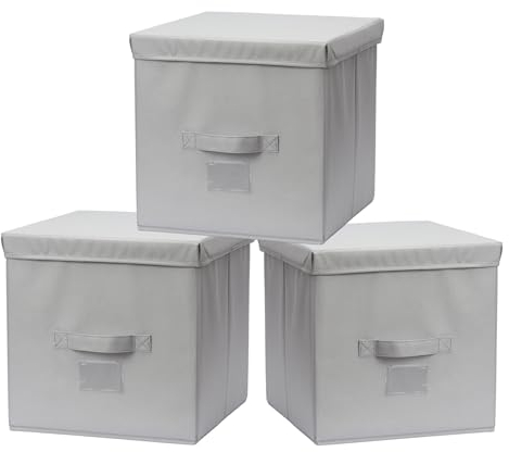 Augfox 3 Pack 13 Inch Cube Storage Bins with Lids - Collapsible Kallax Storage Cubes, Foldable Toy Storage Organizer for Room Storage and Organization (Light Grey)