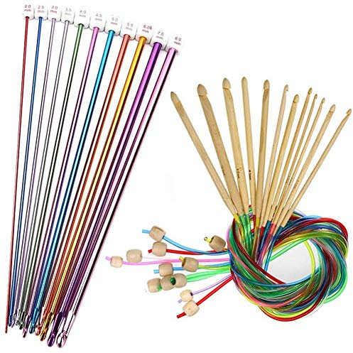 Bordhap 23 Pieces Tunisian Crochet Hooks Set 3-10 mm Cable Bamboo Knitting Needle with Bead Carbonized Bamboo Needle Hook