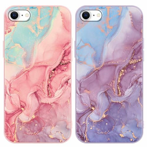 Foonary 2 Pack Phone Case Compatible with iPhone 8/SE 2022/7/SE 2020 4.7,Soft TPU Silicone with Pink Purple Marble Design Aesthetics Pattern, Shockproof Bumper Protector Matte Cover for iPhone 7