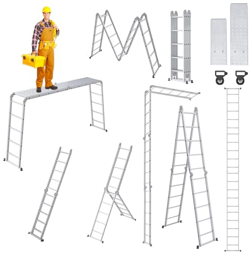 ROSEJANE 6 in 1 Alu Multifunktionsleiter Mehrzweckleiter Multifunktionale Klappleiter Stehleiter Ausziehbar Leiter bis 150 kg mit Arbeitsplattform und Gerüst, 4x5 Stufe Silber