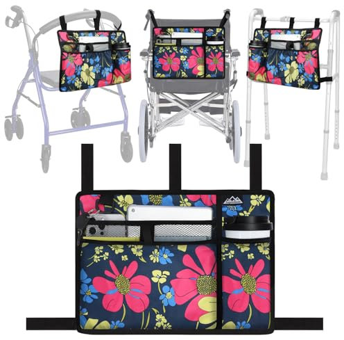 supregear Accessories Bag for Walker, Wheelchair, Rollator for Seniors, w/Cup Holder-Folding Walker Basket Large Capacity Waterproof Walker Caddy Pouch (Floral Blue)