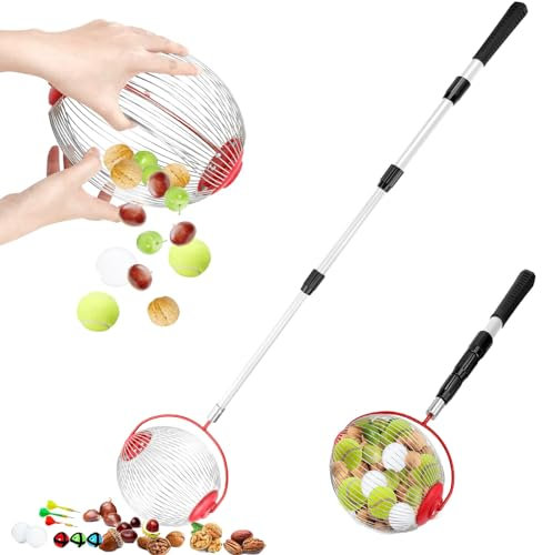 SAN LIKE Recogedor de Frutas Telescópico 1,4m, Pinzas Extensibles con Mango de Aluminio, Longitud Ajustable, Cesta de Malla de Acero Inoxidable, Apto para Aceitunas, Peras, Manzanas y Huertos (Plata)