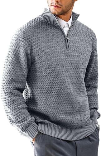 HYPESTFIT Mens Quarter Zip Sweater Mock Neck Knitted Pullover Long Sleeve Jumper Casual Top Dark Gray L