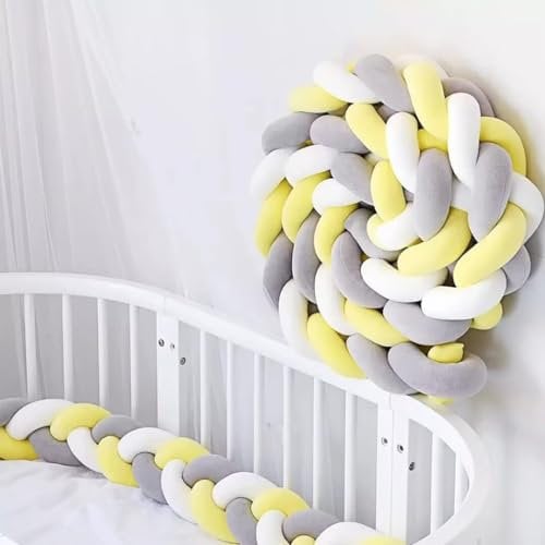 Bettschlange Geflochten, Baby, Babybett Umrandungen, Kantenschutz Bettumrandung Knotenkissen, Seitenschläferkissen, Baumwolle Schlafkissen Kissen,Weiß+Gelb+Grau,500cm