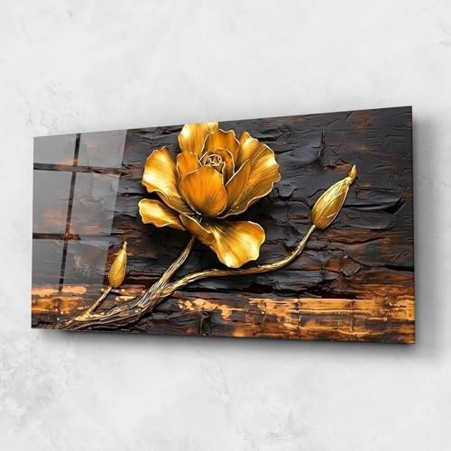 ARTHUB® Glasbild 60x150 cm, 4mm ESG | Moderne Wandbilder aus Glas für Wohnzimmer & Schlafzimmer, Wanddekoration, Wohnkultur, Moderne, Golden Rose On Wood