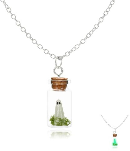 Umimiss Adopt a Ghost Necklace - Ghost In a Bottle Necklace, Unique Glow In The Dark Jewelry, Spooky Charm Pendant Necklace, Tiny Noctilucent Ghost and Lichen In a Glass Bottle Charm Necklace (Green)