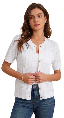 GRACE KARIN Women's Essentials Short Sleeve Cardigan Lightweight Button Up Cable Knit Spring Cardigan Tops White XL