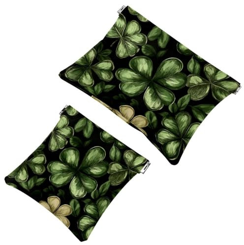 Women’s Pocket Cosmetic Bags, Waterproof Leather Makeup Bag No Zipper Self-Closing Makeup Pouch for Girls, Mini Bag for Purse - Seamless Pattern Clover Leaves