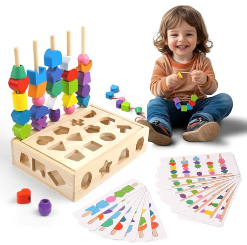 Aeocidy 3-in-1 Montessori Holzspielzeug ab 3 Jahre – Lernspiel mit Perlen, Fädelspiel & Sortierspiel – Motorikspielzeug für Kinder – Geschenk für Mädchen & Jungen 3 4 5 Jahre