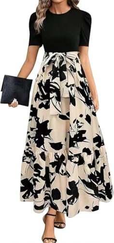 Yinguo My Orders, Ladies Dresses,Summer Dresses for Women UK 2025 Elegant Boho Vacation Floral Tie Belted Patchwork Empire Waist Short Sleeve Modest Elegant Beach Flowy Maxi Dress