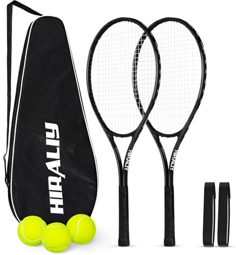 HIRALIY 27 Tennis Rackets Set of 2, 3 Tennis Balls, 2 Tennis Racquets, 2 Overgrip Tapes and 1 Carrying Bag Outdoor Recreational Sport Game (BLACK)