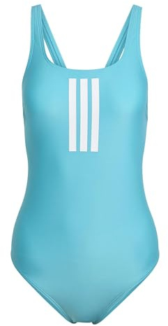 adidas Women's 3 Stripes V-Back Swimsuit, Lucid Cyan/White, 30