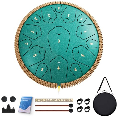 Stahl-Zungentrommel, 33 cm, 15 Töne Zungentrommeln, C-Dur Trommel Perkussionsinstrumente, Handpan-Trommeln mit Musikbuch, Trommelschlägel und Tragetasche (Malachitgrün)