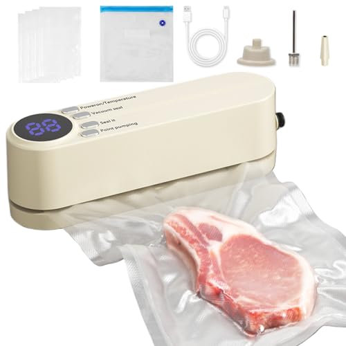 Domigard Vakuumiergerät Klein – 7-in-1 Mini Vakuumiergerät mit 3 Temperaturstufen & 5 Vakuumier-Beutel, Tragbar 60 KPA Kabelloser Vakuumversiegelung, Ideal für Küche und Restaurant (Beige)
