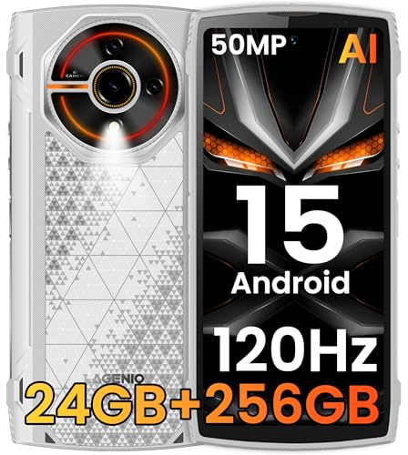 LAGENIO Panther2 Pro Smartphone Portable Incassable, 24GO+256GO/1To TF Android 15 Téléphone Débloqué 4G, 50MP+8MP, 6.7 HD+ 120Hz, 5150 mAh Smartphone Étanche, Dual 4G, GPS, NFC, OTG, Blanc