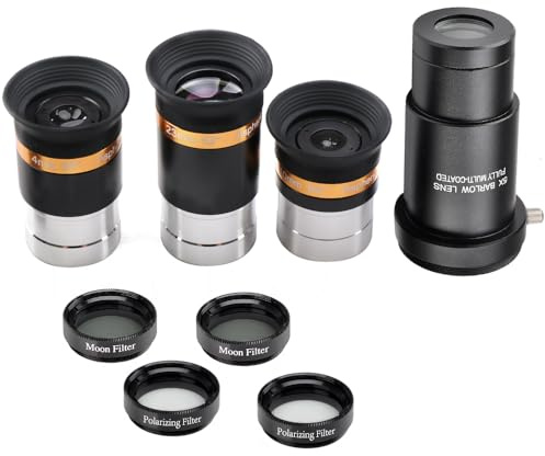Starboosa 62° Aspheric Eyepiece Set, 1.25 (23mm/10mm/4mm) with 5X Barlow & 4 Filters (2 Polarizing, 2 Moon) — Multi-Coated Optics — Soft Fold-Down Eyecups — Fits Most Telescopes