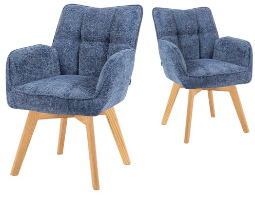 DUBI Möbel Esszimmerstühle 2er Set 360° drehbar mit Taschenfederkern, hoher Sitzkomfort, bis 150 kg belastbar, abriebfester Stoff Blau, Eiche Massivholzgestell geölt (Natur), Mika-Ella