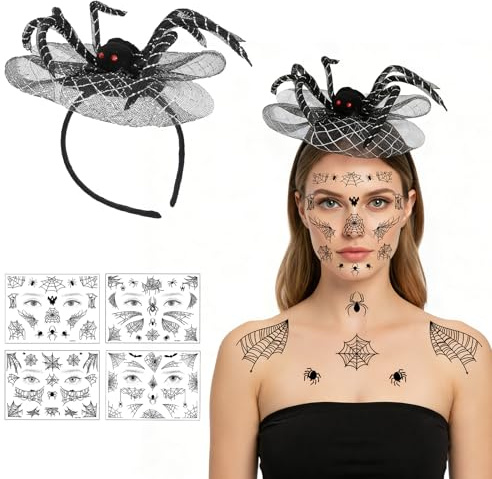 Vxcvzv 1 Stück Spinnen Haarreif und 4 Blätter Halloween Tattoos Spinne, Spinnen Kostüm Accessoires Damen für Halloween Karneval Fasching Kostüm