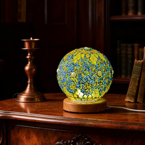 wpdash Marokko-Mosaik-Tischlampe, Buntglas-Lampen mit Holzsockel, türkische Kugel, Dekor, Nachtlichter für marokkanischen Stil, Meditationsraum, Büro, Schreibtisch, Wohnzimmerdekoration (Maroc-Grün)