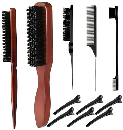 Gykutix 11-Teiliges Schweinborsten Bürste für Sleek Bun Bürste Bartbürste Edges Brush Toupierbürste Stielkamm Haarclips Haarbürste mit Holzgriff Haarbürsten Set für Damen, Herren, Friseurin