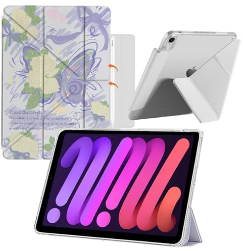KeHowy Hülle für iPad mini 7 Gen(A17 Pro, 2024) / iPad mini 6 Gen 2021 8,3 Zoll, Stoßfeste Klar Rückseite, Y Fold Ständer mit Auto Schlafen/Wachen Case für iPad mini 7/6 Generation - Butterfly
