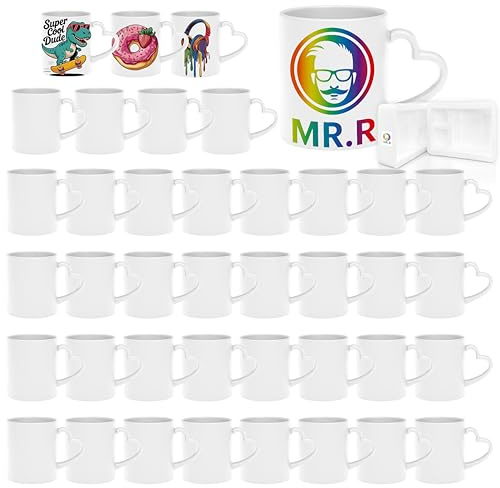 MR.R Set of 48 Sublimation Blanks Dishwasher White Ceramic Coffee Mugs 11oz Blank Ceramic Classic Drinking Cup Mug with Heart Handle for Milk Tea Cola Water