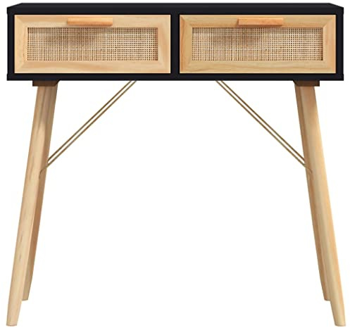 CIOURSTO Table Console en Rotin à 2 Tiroirs, Bureau Moderne du Milieu du Siècle avec Pieds en Bois Massif, Coiffeuse Boho pour Entrée, Salon et Chambre à Coucher (Noire)