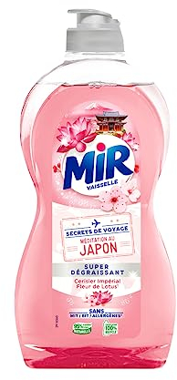 Mir Vaisselle - Secrets de Voyage - Médiation au Japon - Super Dégraissant - Liquide Vaisselle - Fleurs de Lotus - Cerisier Impérial - 95% d'ingrédients d'origine naturelle - 500 mL