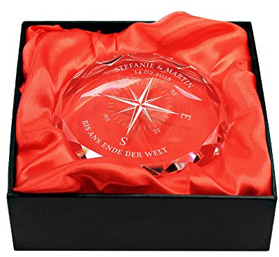 Gravado Briefbeschwerer aus Glas mit Personalisierter Kompass Gravur, Namen und Datum, Geschenkidee für Liebespaare