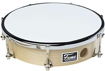 Fame 8 Zoll Frame Drum, Handtrommel aus Holz, Naturfarbe, Hochglanz-Finish, Synthetikfell, inklusive Schlägel und Stimmschlüssel, Mechanische Spannung, Perfekt für Zuhause