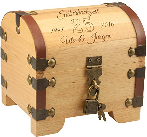 Schatztruhe mit Gravur zur Silberhochzeit | Personalisiertes Geschenk zum 25 Hochzeitstag | Originelle Geldgeschenk Verpackung | Geschenkidee Hochzeitsjubiläum der Eltern | Silberne Hochzeit