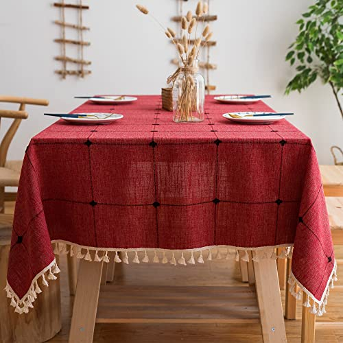 Pahajim Tischdecke Rechteckig Baumwolle Leinen Tischdecke Abwaschbar Elegante Karierte Tischdecke mit Quasten Küchentischabdeckung für Speisetisch,Outdoor(Rot, 140 x 260 cm)