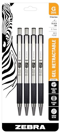 Zebra Pen G-301 Retractable Gel Pen, 0.7mm Medium Point, Stainless Steel Barrel, Textured Grip, Easy Glide Ink Provides a Smooth and Skipless Writing Experience, Black Ink, 4-Pack (41314)